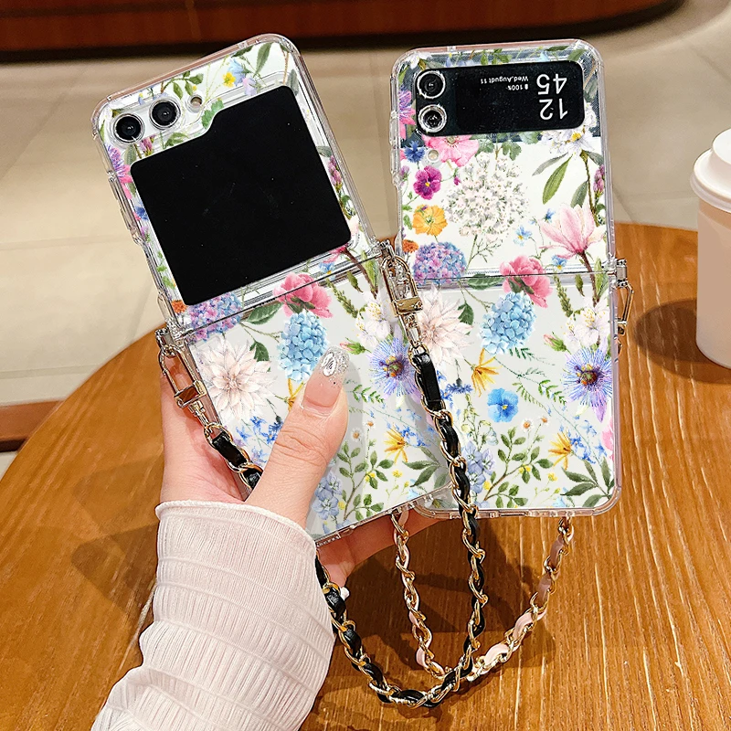Hydrangea Print Metal Lanyard Case For Samsung Galaxy Z Flip6 Flip5 Flip4 Flip3 Flip 6 5 4 3 Shockproof Clear Soft Phone Cover_voghion.com
