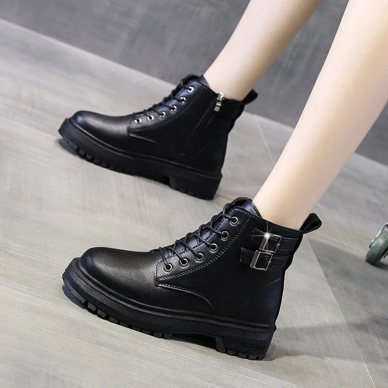 

Женские ботинки на шнуровке, Теплые ботильоны с пряжкой и круглым носком, на квадратном каблуке, обувь в современном стиле, 2023