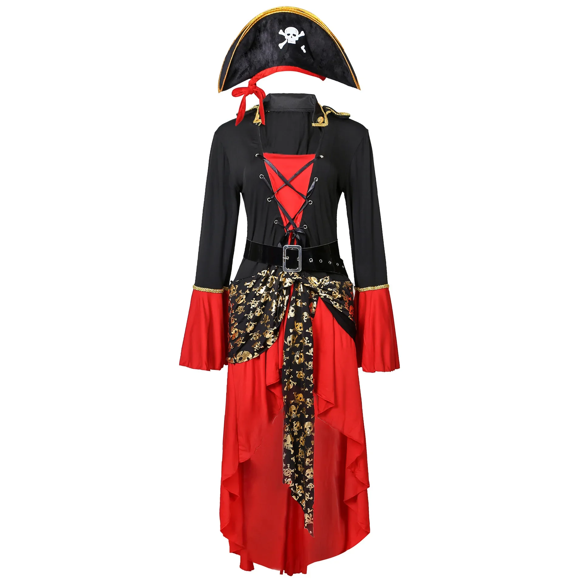 thumbnail image 1 of Disfraz de capitana de piratas del Caribe para mujer con sombrero, traje de rol para Halloween, disfraz de mujer, vestido gótico medieval, 1 of 5