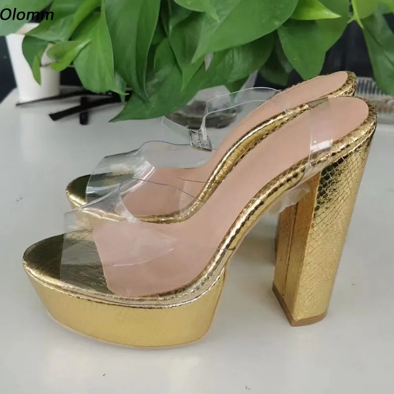 

Olomm Handmade Women Platform Sandals Ankle Strap Snake Pattern Chunky Heels Round Toe Gorgeous Gold Party Shoes US Size 5-20