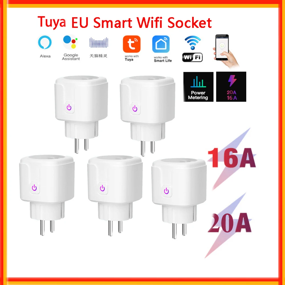 

Tuya Wifi Smart Socket 16A 20A EU Wireless Plug Outlet With Power Monitor Remote Control Via Smart Life APP Works with Alexa