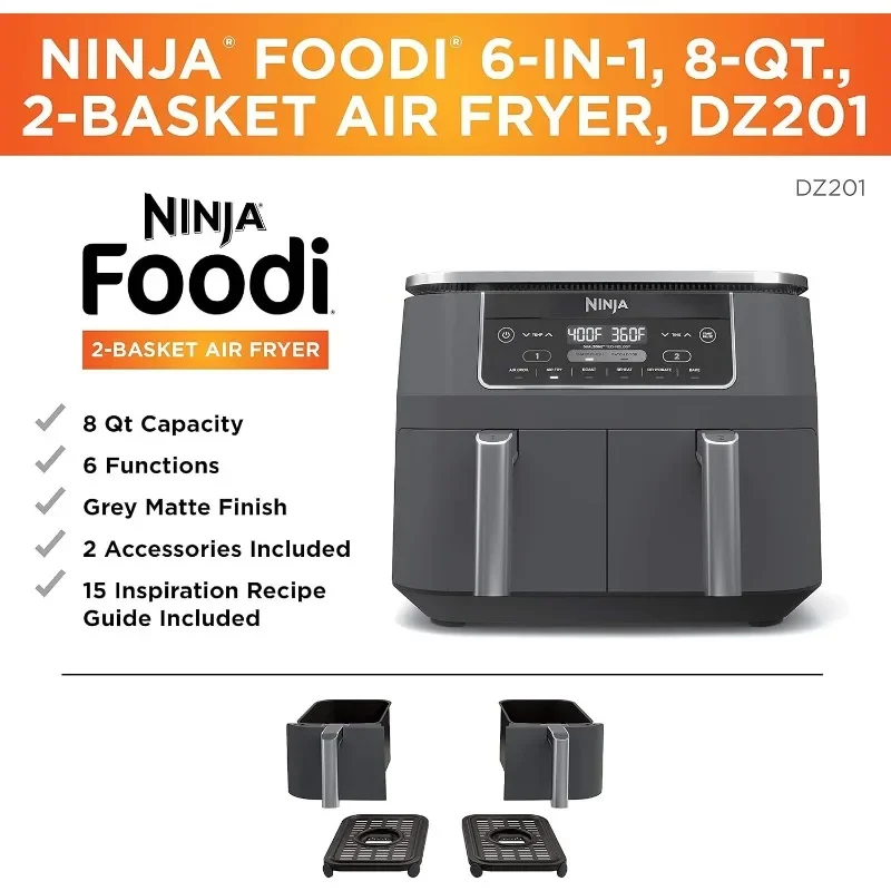 Ninja DZ201 Foodi 6-in-1 2-Basket Air Fryer with DualZone Technology, 8-Quart Capacity, and a Dark Grey Stainless Finish 2