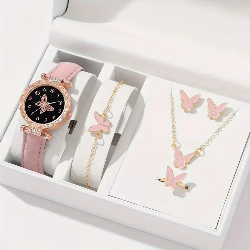 Girls Smart Watch Butterfly Jewelry Set Pink Kids Watch With Necklace Bracelet Ring Earrings