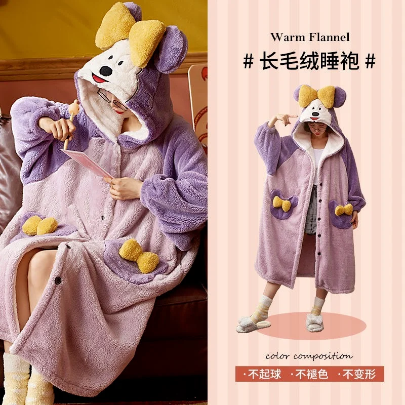 Strawberry Hooded Bathrobe Pajamas Fleece Nightwear Winter Women Warm Thick Coral Velvet Home Wear Nightgown Sleep Wear