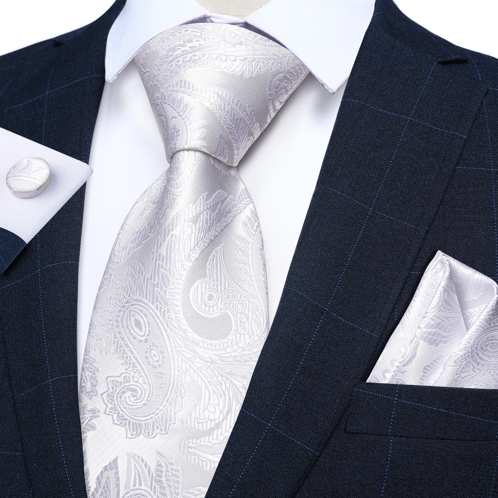 

Elegant White Paisley Solid Men's Wedding Tie Set Handkerchief Cufflinks Formla Business Neckwear Accessories Gift Wholesale
