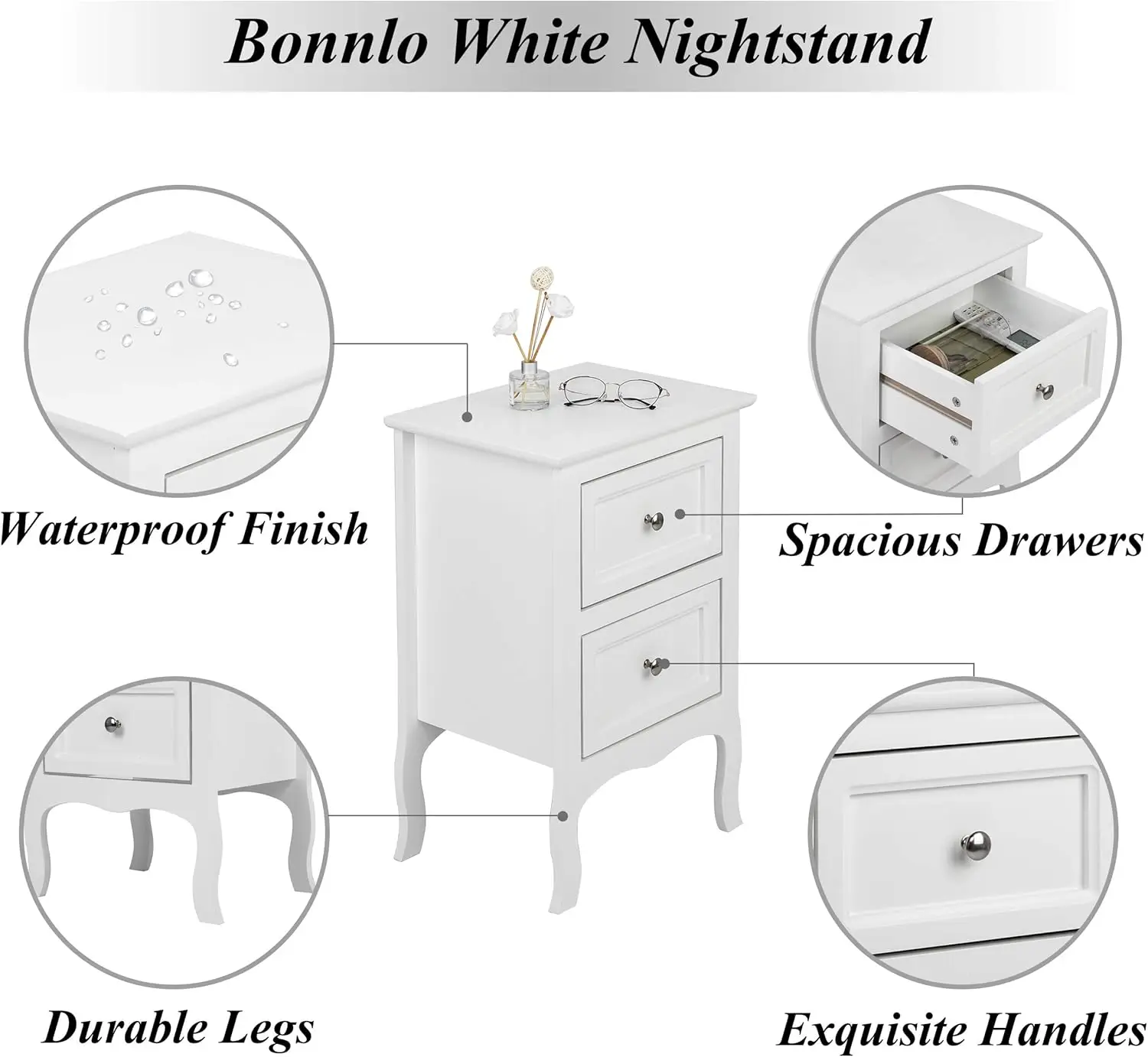 White Nightstand with 2 Drawers, Night Stands for Bedrooms, Small Bed Side Table/White Night Stand with drawers for Small
