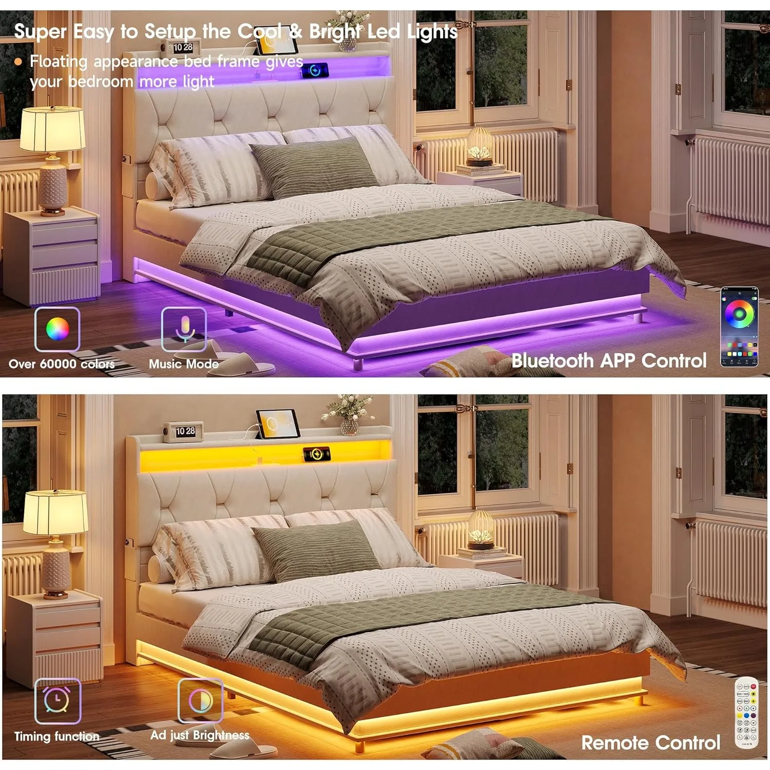 Queen Size Lift Up Bed Frame, Storage Headboard with Charging Station, LED Lights Upholstered Platform Bed, No Box Spring Needed 4