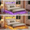 Queen Size Lift Up Bed Frame, Storage Headboard with Charging Station, LED Lights Upholstered Platform Bed, No Box Spring Needed 4