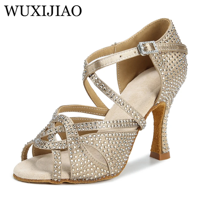 Latin Dance Shoes Women's New Metallic Satin Shiny Rhinestone Cuban High Heels 9cm Salsa Dance Shoes