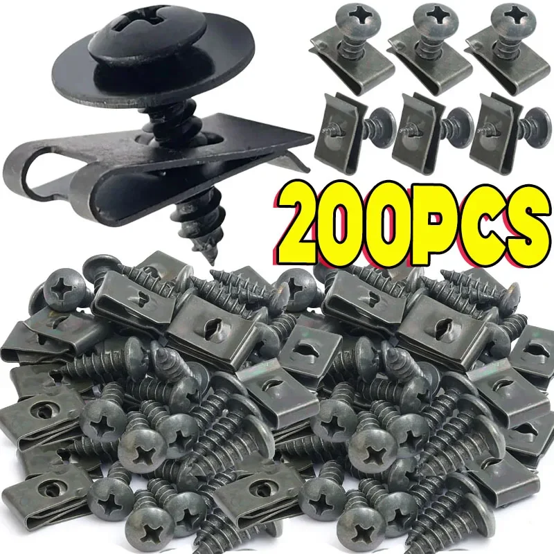 10/200pcs Car Metal Screw Clips Set U-Type Fastener Clip with Screw Anti-rust Fender Bumper Protection Buckle Iron Sheet Screw