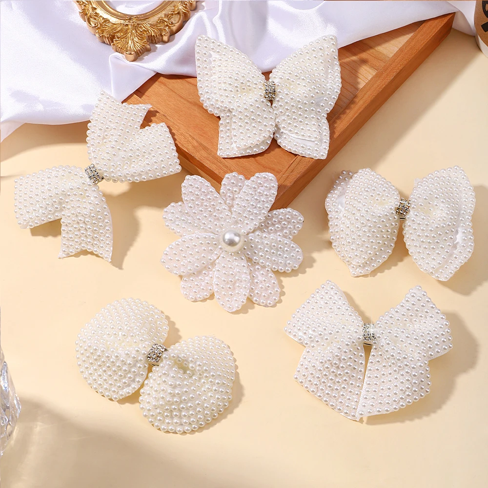 New White Pearl Hair Bows With Hair Clips For Girls Kids Boutique Layers Bling Rhinestone Center Bows Hairpins Hair Accessories