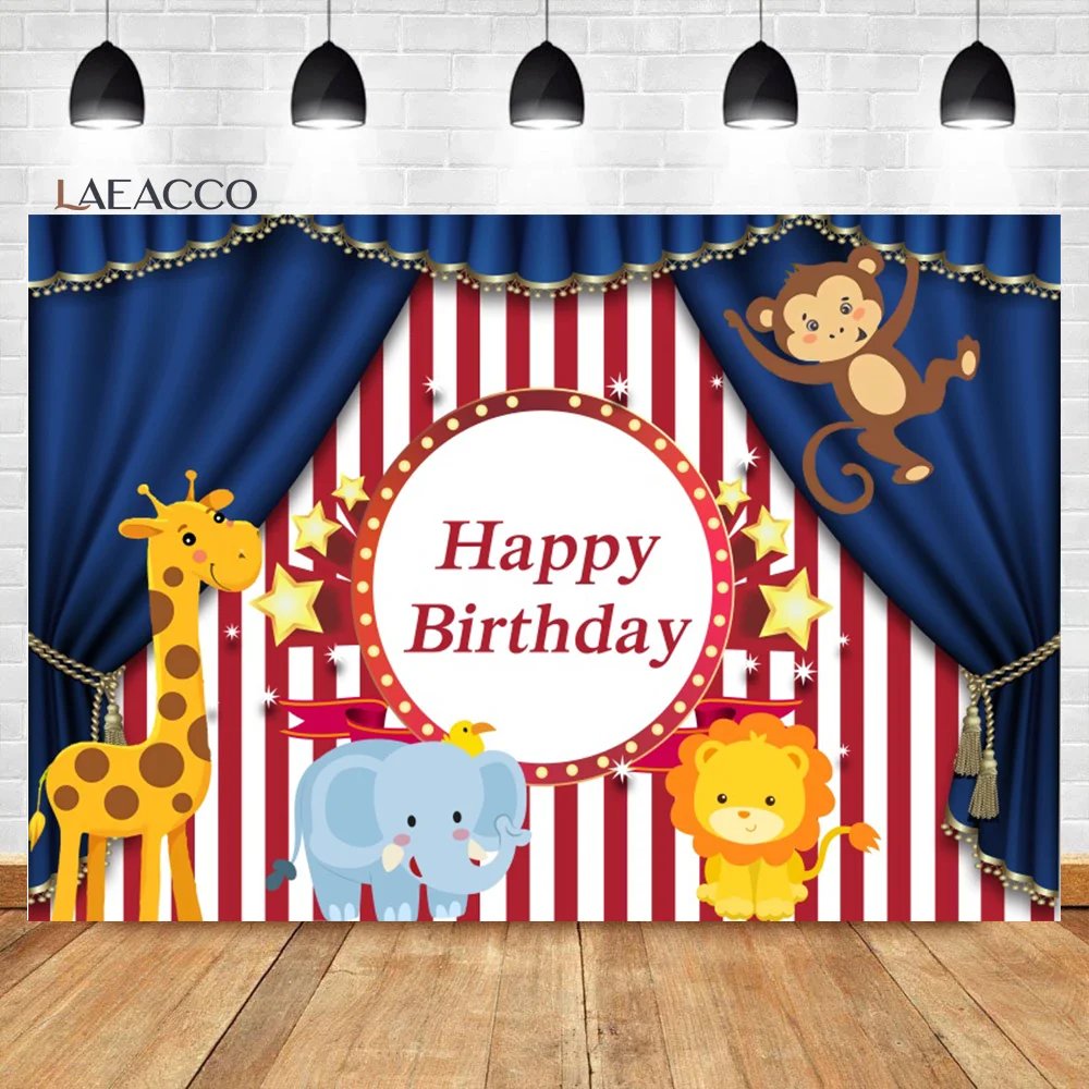 

Laeacco Circus Carnival Safari Party Background Cute Animals Blue Curtain Kids Birthday Portrait Custom Photography Backdrops