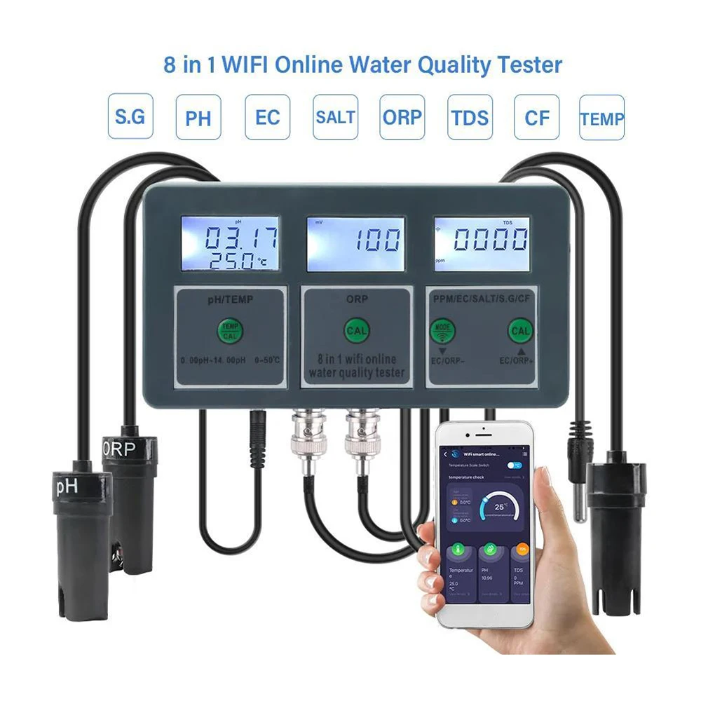 

8 in 1 Water Quality Detector S.G/PH/EC/ORP/TDS/CF/SALT/TEMP Tuya WiFi Water Quality Tester Measuring Analyzer Water Monitor