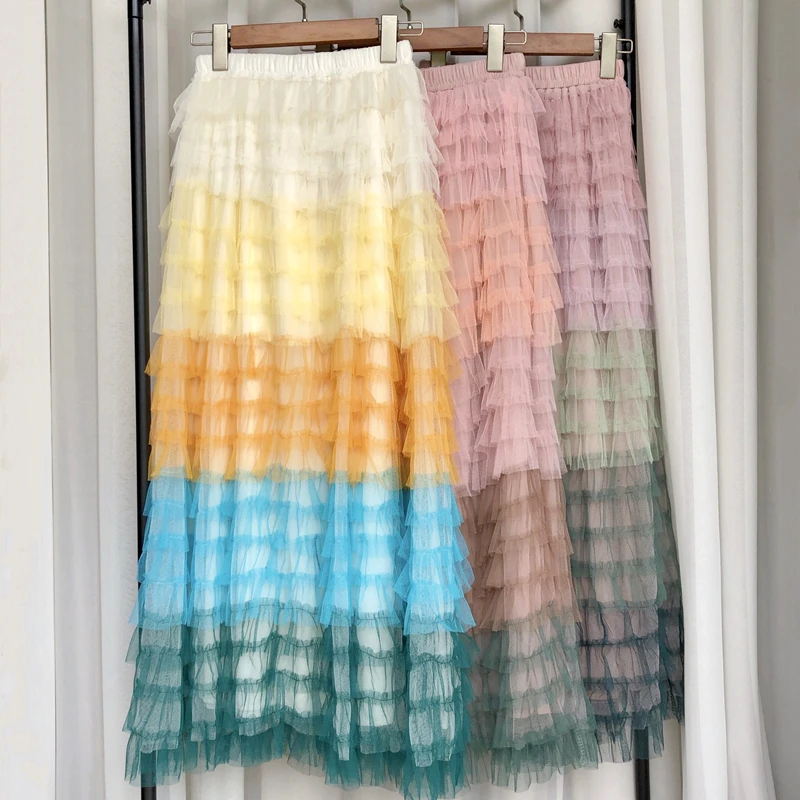 

Autumn Women Mesh Skirt High Waist Colorful Ruffles Patchwork 36 Inch Maxi Skirt Sweet Girls Long Cake Skirt Loose Fit A Line