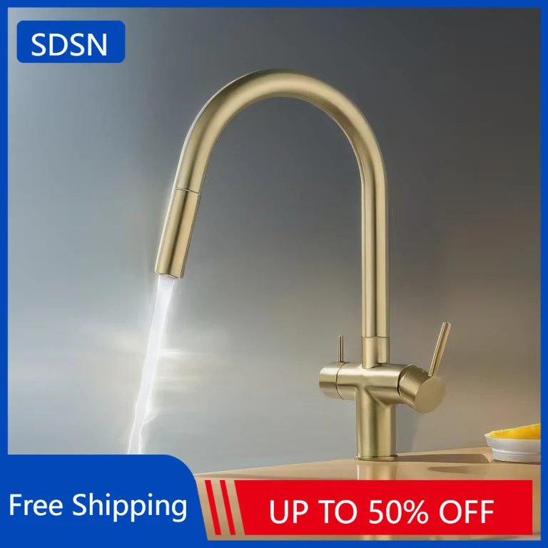 Brushed Gold Pull Out Filter Kitchen Faucet for Kitchen Sink Mixer Tap Quality Brass 3 Ways Pure Water Hot Cold Kitchen Faucets