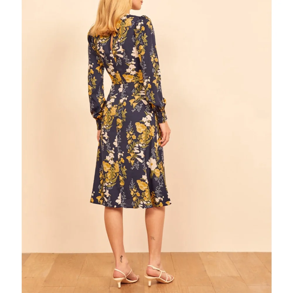 

Dresses For Women 2022 Party Elegant Vintage Floral Print Chiffon Midi Spring Autumn Round Neck Puff Long Sleeve