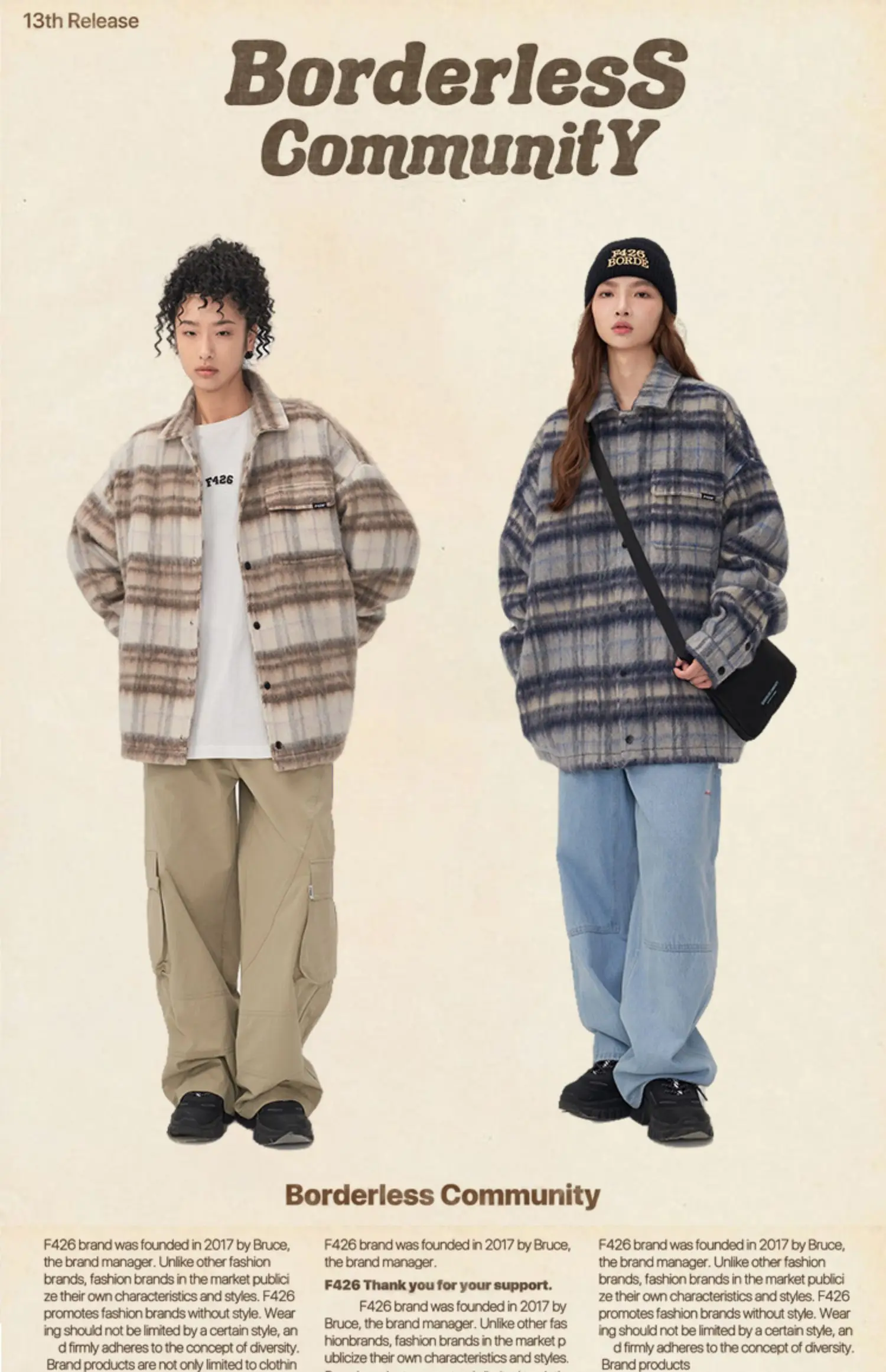 Jacket Men's  Women's Same Single-Breasted Pure Cotton Color Matching American Retro Street Loose Long Woolen Plaid Coat Spring