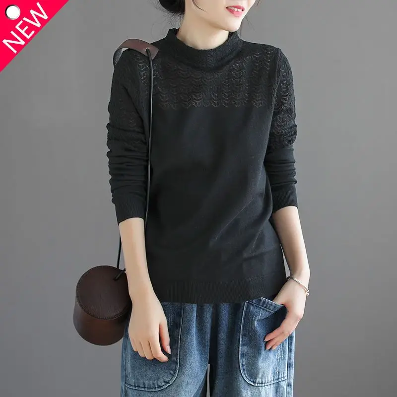 2023 Autumn and Winter New Temperament Women's Clothing Fashion Hollow Out Half High Neck Long Sleeve Solid Commuter Pullover