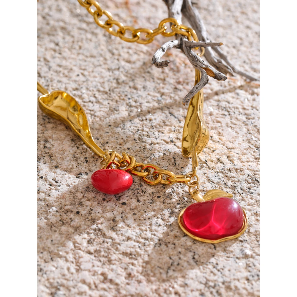 Yhpup Necklace Chain Red Enamel Golden Stainless Steel
