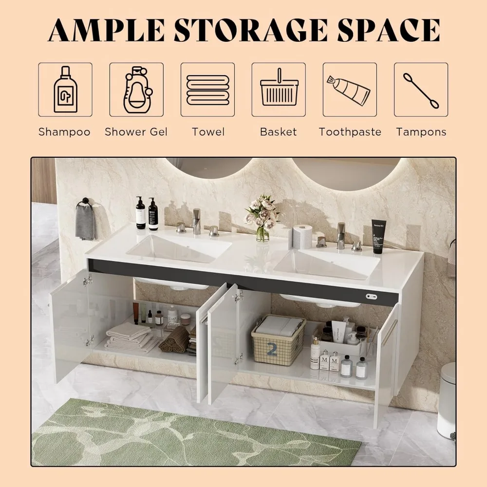 60" LED Floating Bathroom Double Vanity with Sink Combo, Modern High Gloss Wall Mounted Bathroom Storage Cabinet White 6