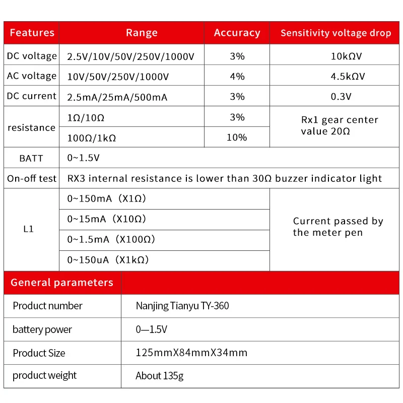TY-360 Professional Pointer Multimeter DC/AC 1000V Voltmeter 500mA Ammeter 1K Resistance Meter Analog Meter Electrician Tools 4