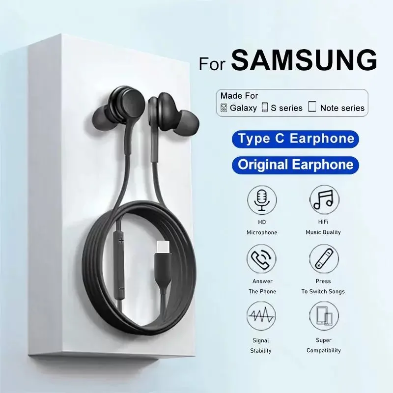 Wired Earphone Type C Wired Earphone 3.5 mm Earbuds Headphones for Samsung Galaxy S23 S21 S22 Ultra Plus A54 A34 A53 A53 Accessories