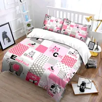 Parure de lit alphabet animaux mignons rose et gris, housse de couette imprimée dessin animé avec taies d'oreiller, linge de lit doux pour chambre de fillette 1