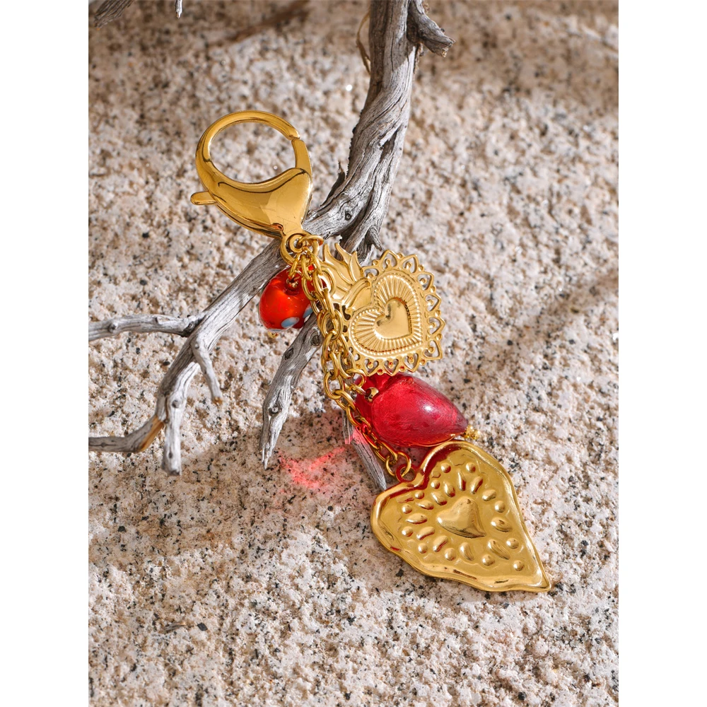 Yhpup Heart Pendant Keychain 18K Golden Stainless Steel