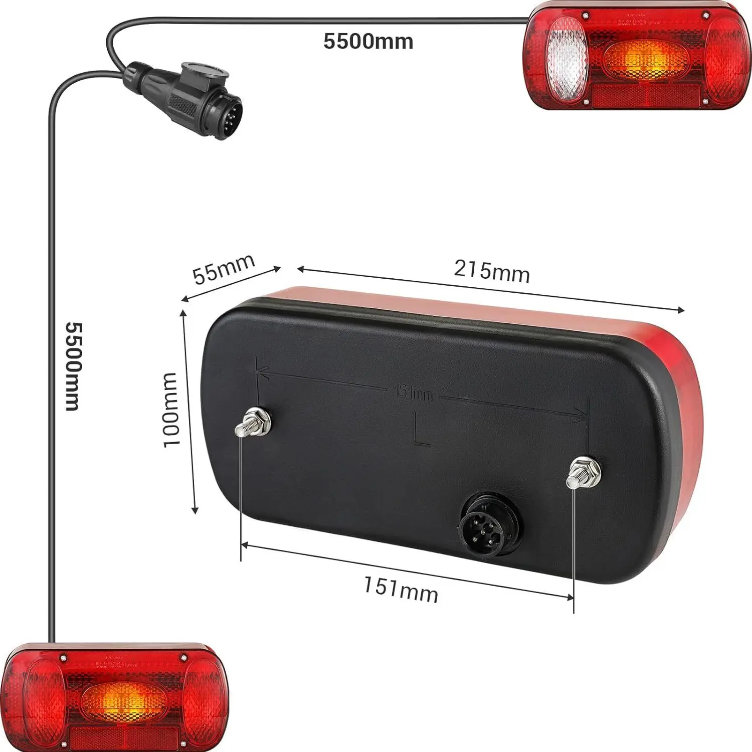 Kit Luci Posteriori Per Rimorchio - 2 Fanali + Cavo 13 Poli 5m