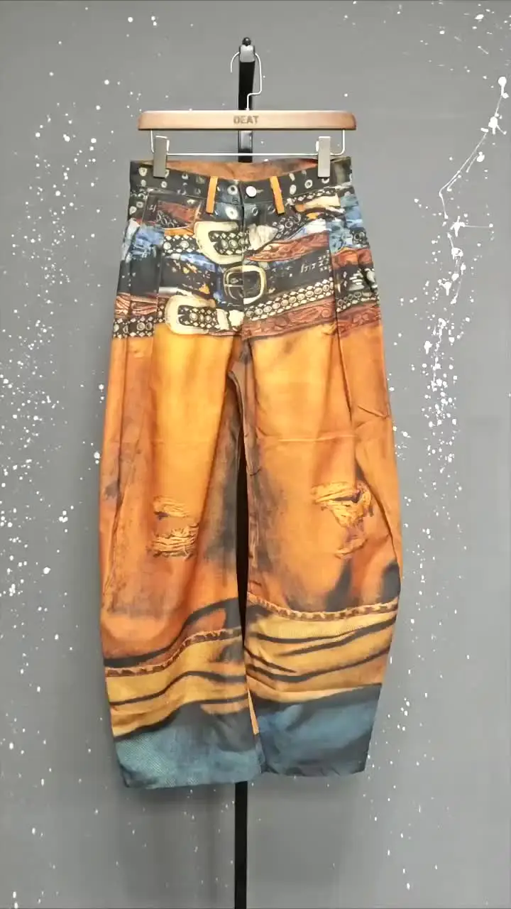 DEAT Women's Trousers High Waist Vintage 3d Printed Fake