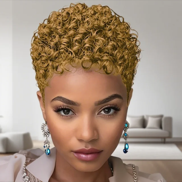 Perruques Afro courtes crépues bouclées perruque de cheveux humains coupe lutin Wi perruque courte pleine Machine faite perruque pour les femmes 1