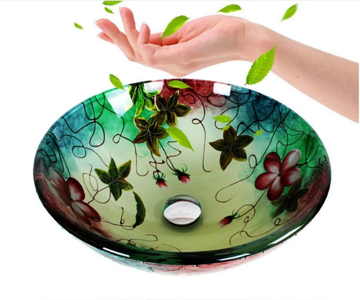 

Bathroom Round Tempered Glass Sink Cloakroom Counter Hand Paint Top Washbasin BW12-099