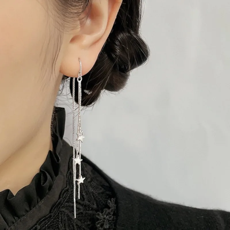 Silver Color Elegant Star Tassel Line Earring for Women Tiny Long Wire Tassel Drop Hanging Earings Party Jewelry Accessories
