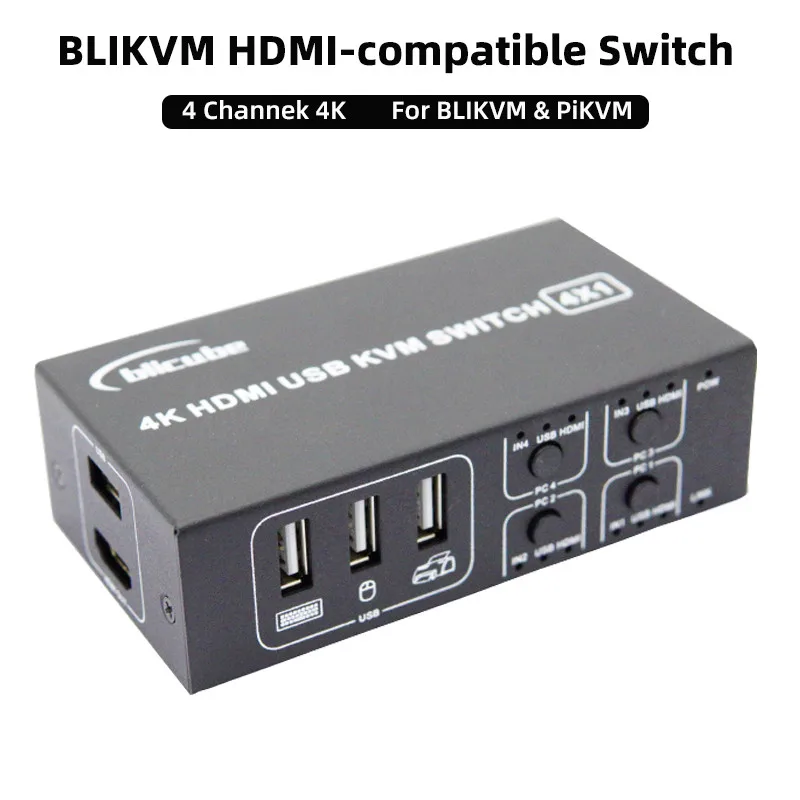 

BLIKVM HDMI-совместимый переключатель KVM для ноутбука с 4 портами конвертер 4 в 1 выход USB мышь клавиатура дисплей для KVM