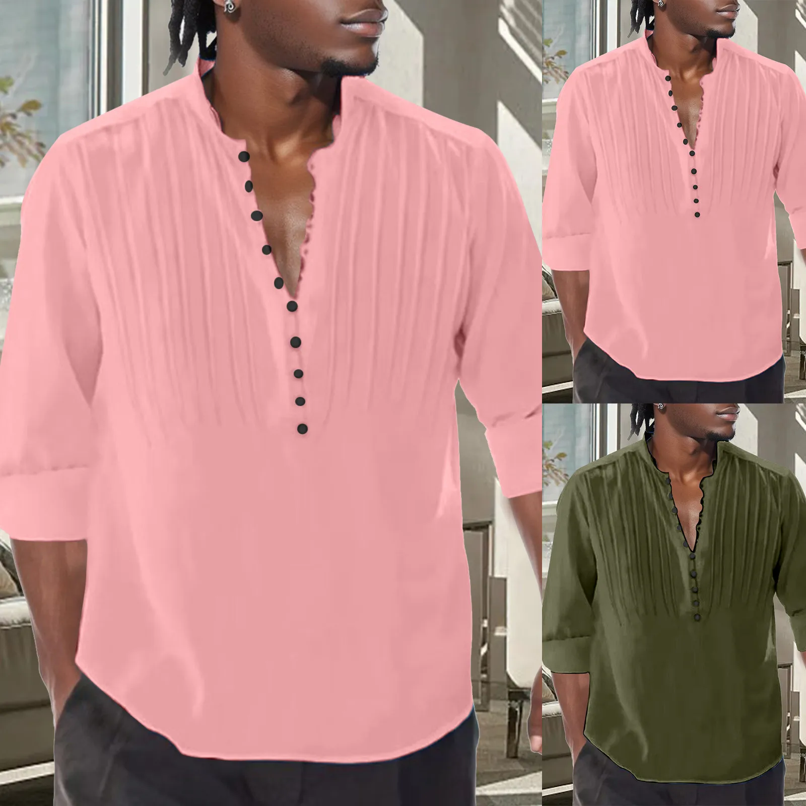 

mens four seasons round collar button pleated solid color long sleeve shirt t shirts bulk mens size small shirts