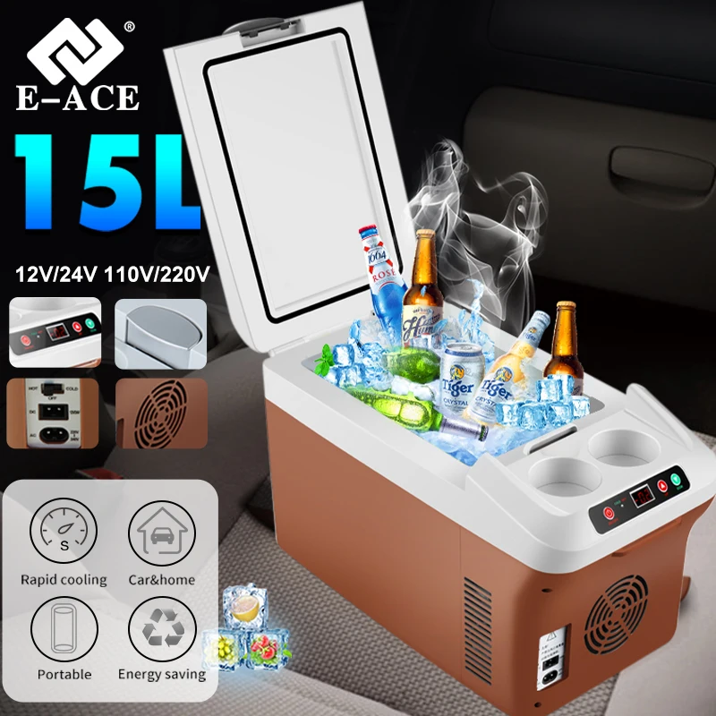 Mini Refrigerator Camping Refrigerator E-ACE 15L Mini Car Fridge Refrigerator Freezer 220V12V 24V Portable Compressor Cooler Box for Camping Picnic Boating Caravan Bar