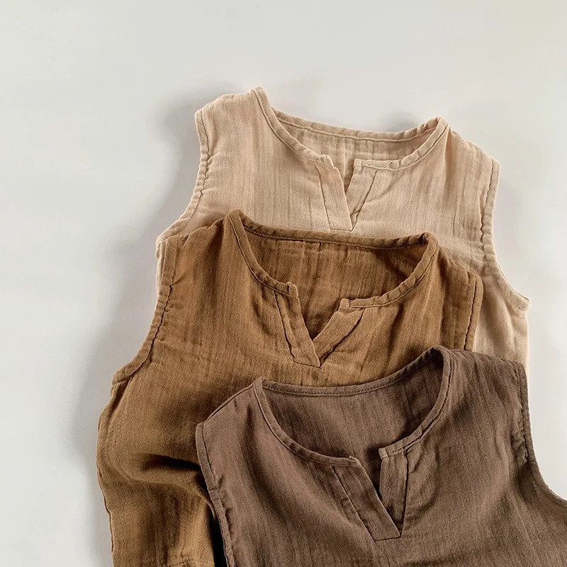 1-7Y Summer Baby Boys Girls Sleeveless T Shirts Korean&Japan Fashion Toddler Kids Cotton Linen Tank Tops Casual Children Clothes 4
