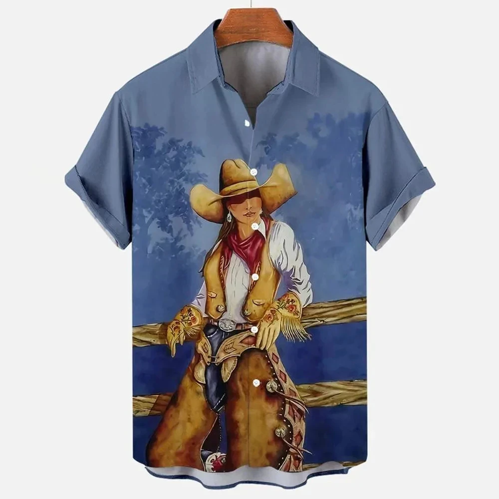 thumbnail image 1 of Camisa retro de vaquero occidental con estampado 3D para hombre, manga corta, solapa, botones clásicos, moda urbana, ropa de verano, extra grande, 1 of 5