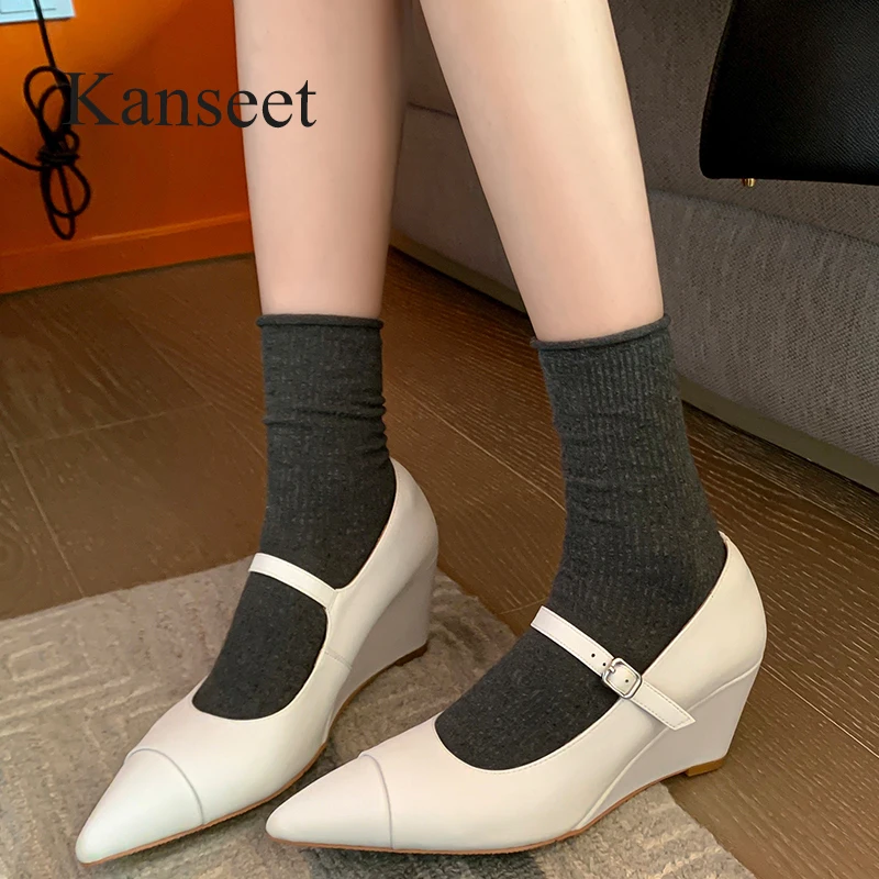 

Kanseet Fashion Wedges Women Shoes Spring New Genuine Leather Sexy Pointed Toe Dress Lady Pumps Elegant High Heels Footwear 40