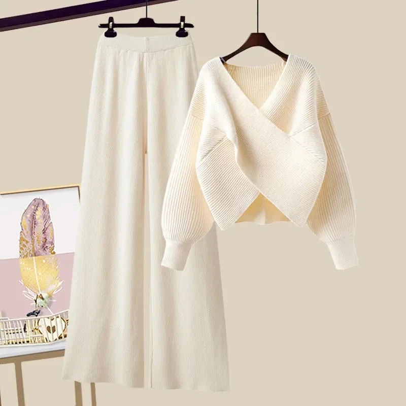 

Весенне-осенние женские комплекты свитеров пуловер с длинными рукавами джемпер Топы + повседневные трикотажные широкие брюки комплект с высокой талией брюки свитер