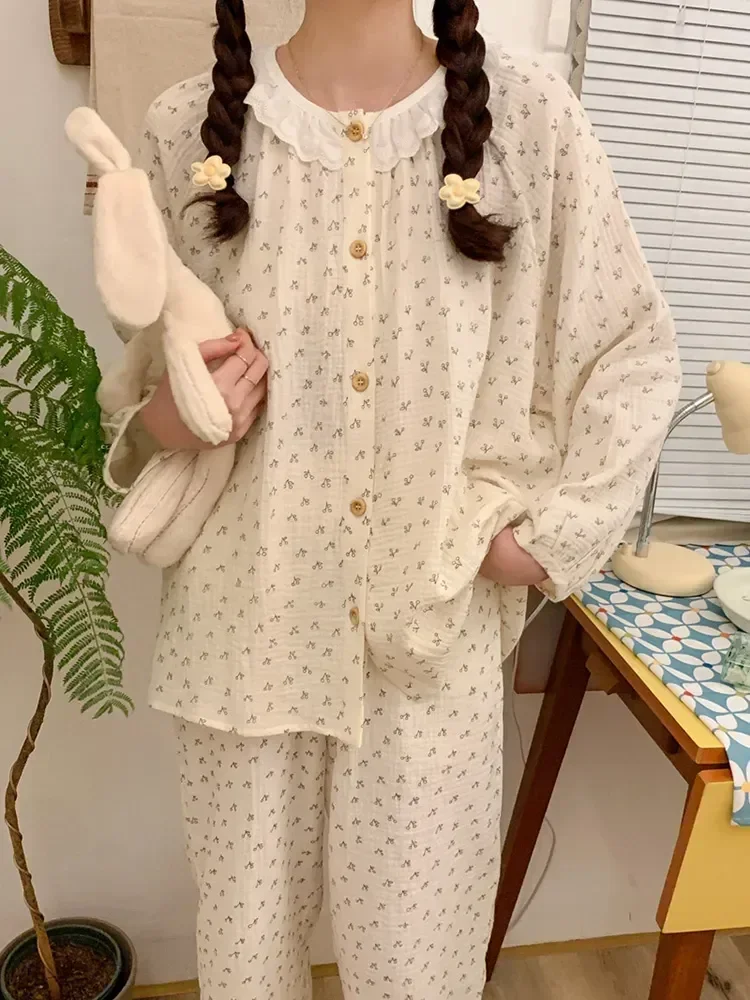 

Women Winter Princess Style O-neck Print Cute Pajama Home Lace Sleep Set Autumn Elegant Sleeve Casual Girlish Tops Long Vacation