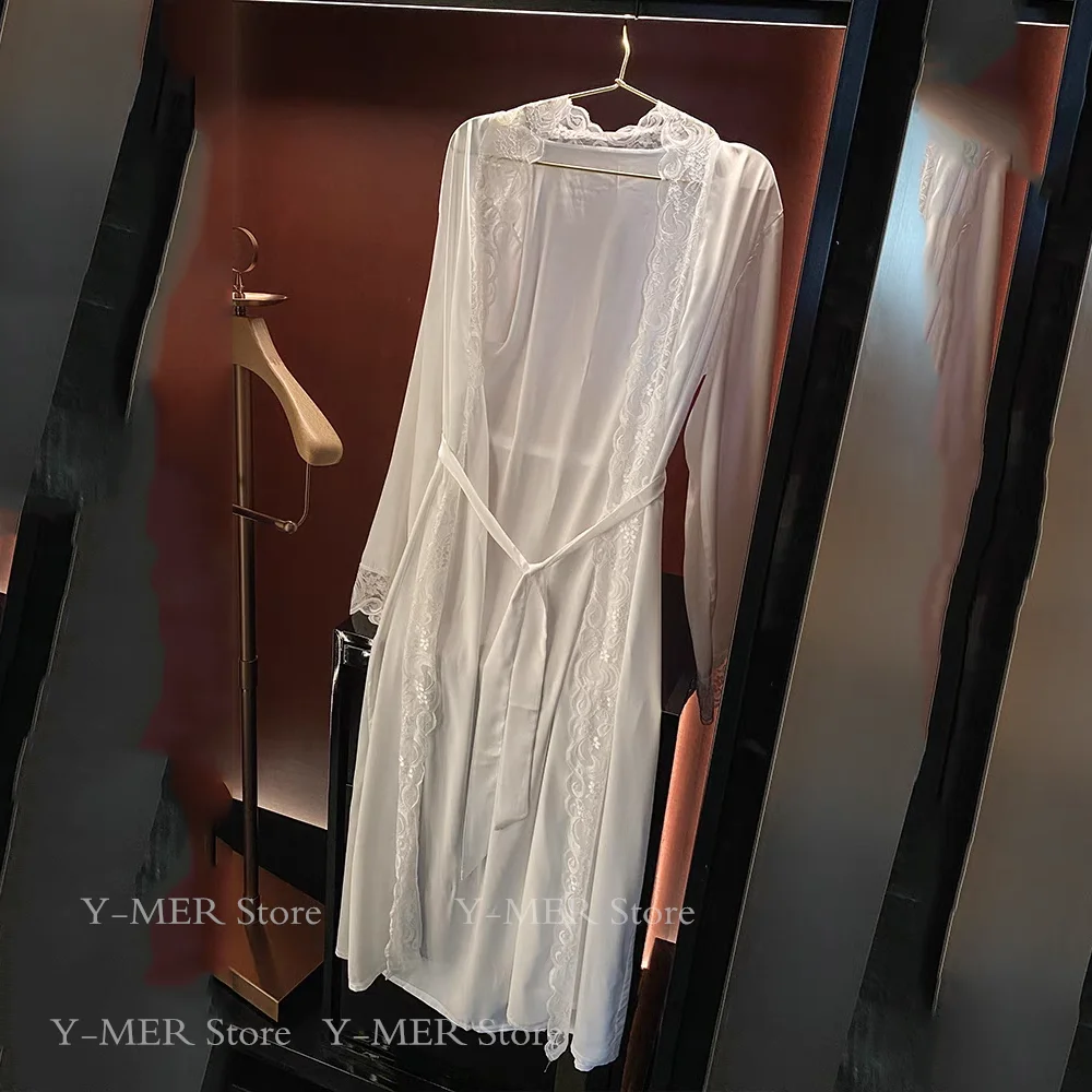Wedding Bridal Bathrobe Big Lace Flower Nightie Wear Women Satin Kimono Long Loose Peignior Spring Autumn New Intimate Lingerie