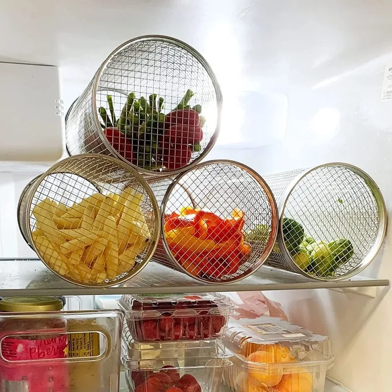 Round BBQ Basket Stainless Steel Rolling Grilling Basket Wire Mesh Cylinder Grill Portable Outdoor Camping Barbecue Rack