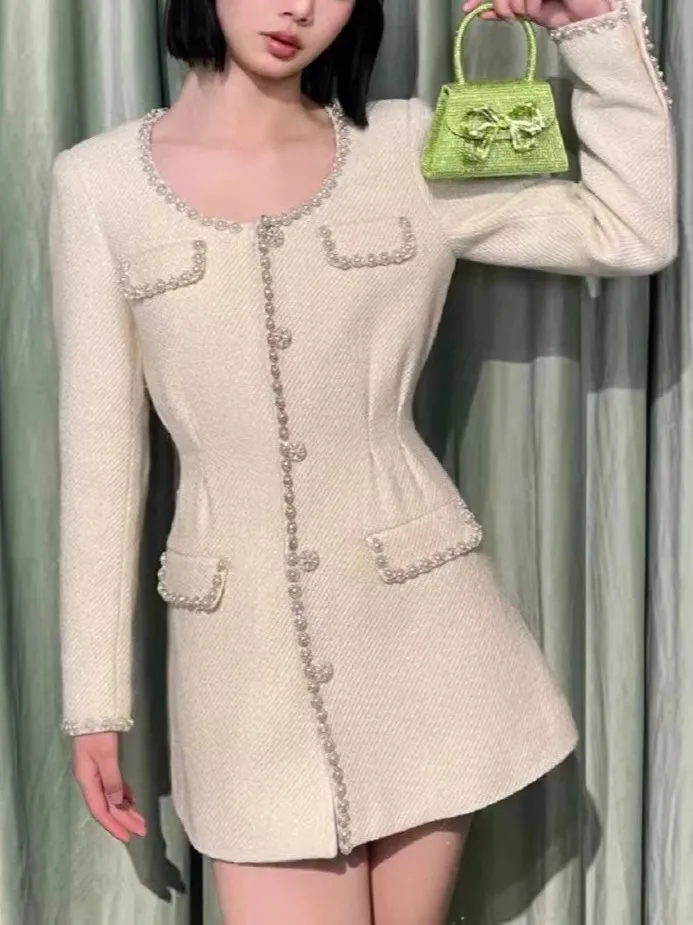 

Women Beaded Edging O-Neck Long Sleeve Single Breasted Sweet Mini Dress