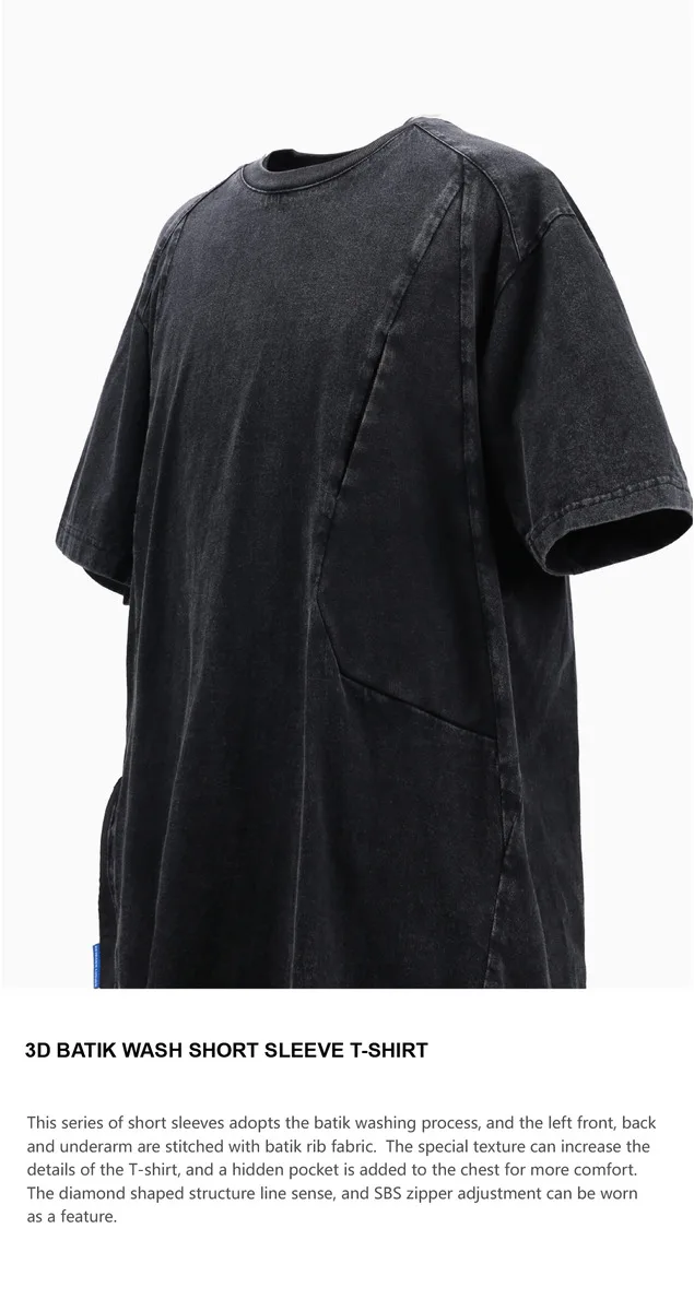 Reindee Lusion 22ss 3d batik wash short sleeve t-shirt diamond shaped structure pure cotton  adjustment zipper techwear gorpcore