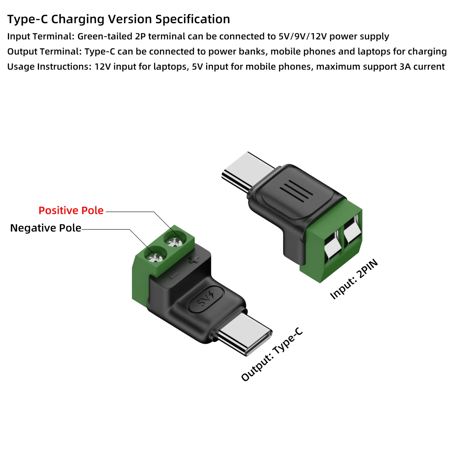 납땜 없는 플러그 USB C/Micro - 2핀 터미널 어댑터 나사형 5V 크림프 터미널 블록 녹색 타입-C - 2핀 충전 커넥터