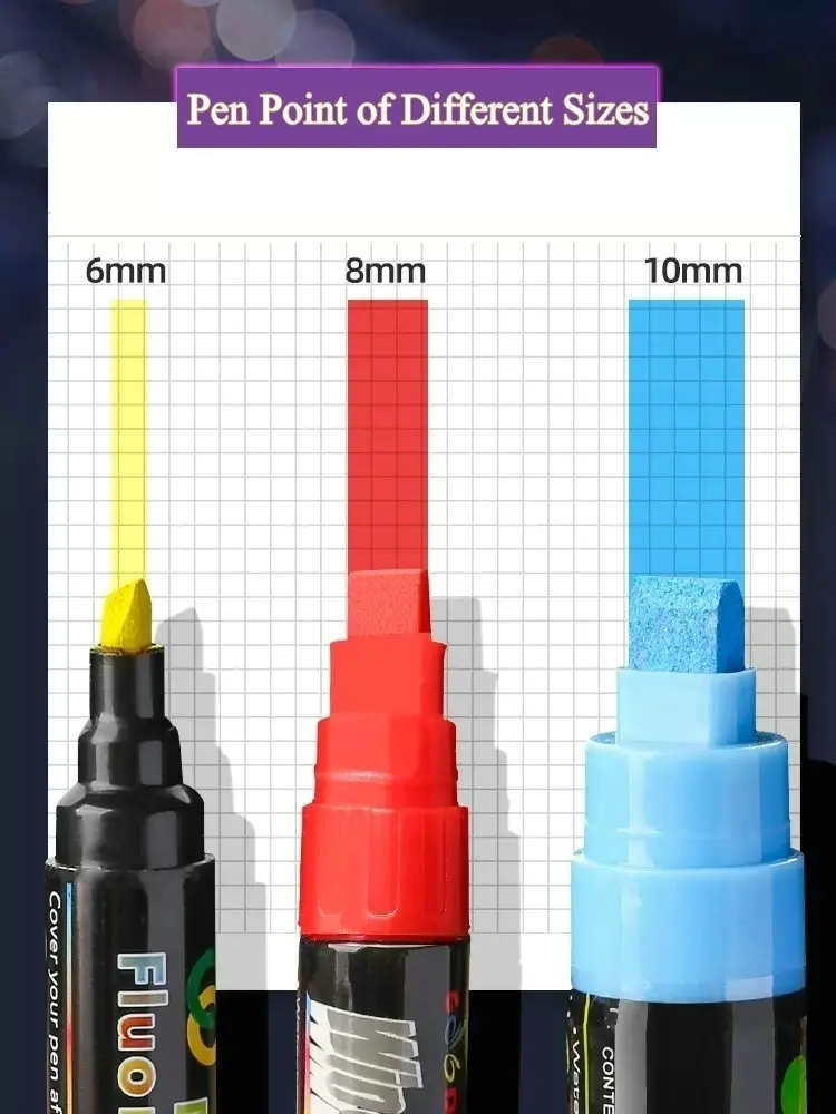 화이트보드 마커 지우기 가능 LED 플래시 보드 마커, 아크릴 빌보드, 액체 초크, 마커 펜, 8 색, 6mm, 8mm, 10mm