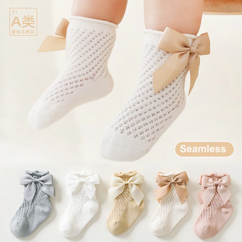 0-5 Years New Spring Summer Kids Girls Socks Mesh Breathable Fishnet Soft Cotton Tube Big Bowknot Princess Toddler Socks