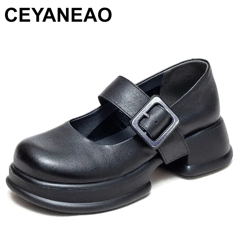 

Women Thick Heel Casual Shoes British Style Round Toe Slip-On Pumps Women Genuine Leather Shallow Platform Loafers