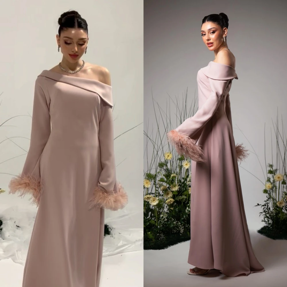 Prom Jersey Feather Celebrity A-line One-shoulder Bespoke Occasion Gown Long Dresses